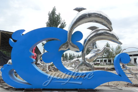 Abstract Modern Outdoor Mirror polished metal dolphin sculpture in 316 stainless for sale